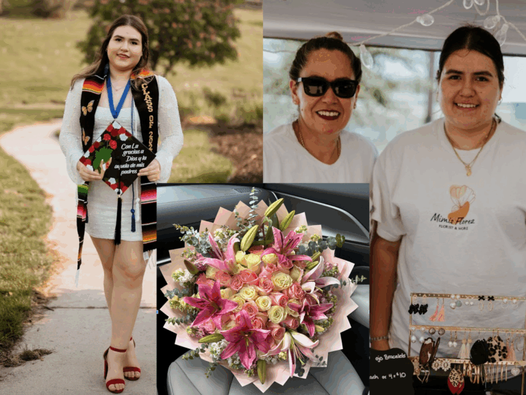 Collage of a graduate holding her decorated cap, a bouquet of pink flowers, and two women at a market booth with jewelry.