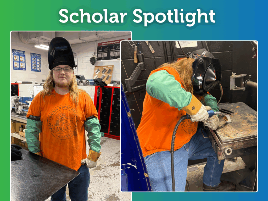 Two photos of a welding student in a shop. Left image: the student stands facing the camera wearing a welding helmet flipped up, glasses, orange Vala’s T-shirt, green welding sleeves, and gloves. Right image: the student is seated and actively welding, helmet down, using a welding torch on a metal worktable.