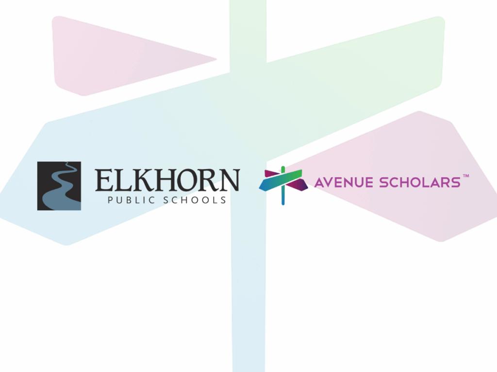 Logos for Elkhorn Public Schools and Avenue Scholars side by side on a white background, with a large, semi-transparent Avenue Scholars signpost graphic faintly visible behind them.