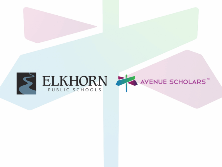 Logos for Elkhorn Public Schools and Avenue Scholars side by side on a white background, with a large, semi-transparent Avenue Scholars signpost graphic faintly visible behind them.