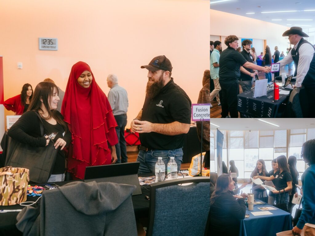 Collage from a career fair showing students speaking with employers at booths. One image shows a conversation at a table, another shows a student shaking hands with an employer, and a third shows students reviewing papers with a representative.