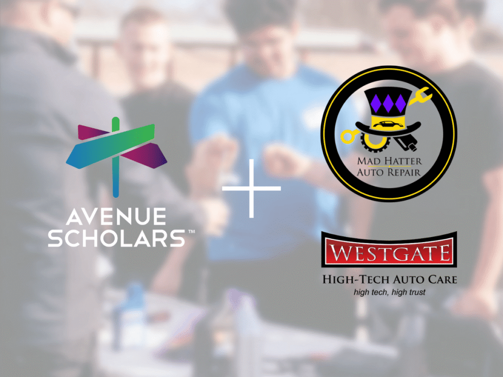 Avenue Scholars partnership graphic featuring Mad Hatter Auto Repair and Westgate High-Tech Auto Care.