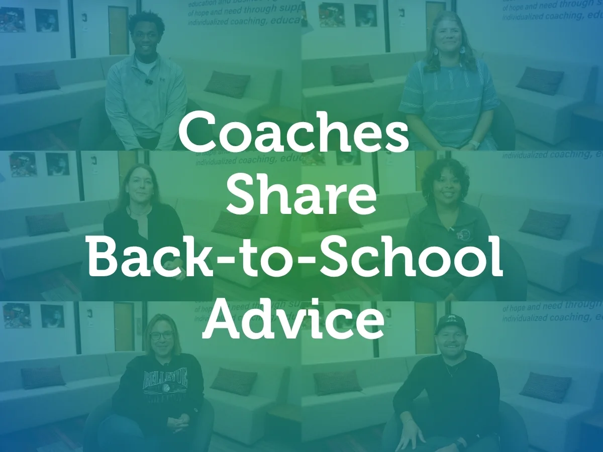 Coaches Share Back-to-School Advice. A two by 3 grid of screenshots of coaches sitting down in a chair smiling at camera. Wneitre image has a vignette of teal and green.