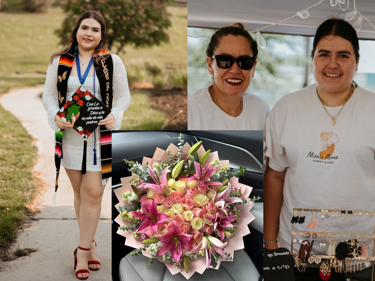 noemie-web-crop Collage of a graduate holding her decorated cap, a bouquet of pink flowers, and two women at a market booth with jewelry.